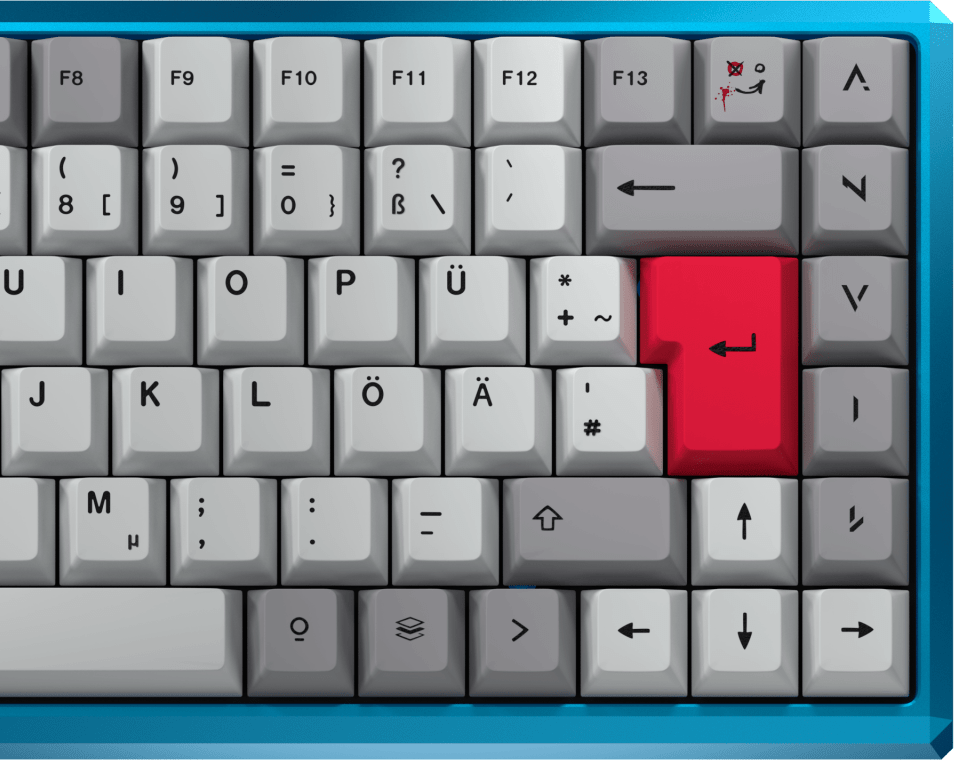 Ausschnitt der NATIVE 75 in Blau mit grauen Retro-Keycaps und roter Enter-Taste