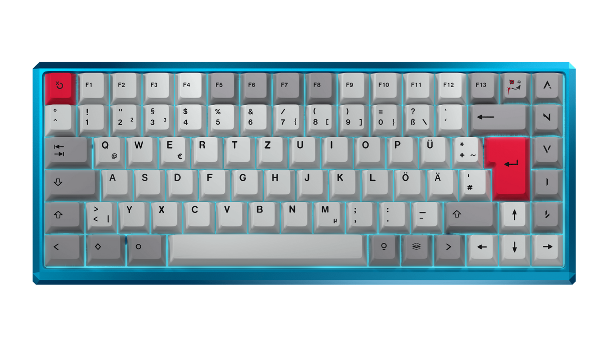 ANVIL NATIVE 75 von oben: blaues Gehäuse, graue Keycaps, rote Enter-Taste, deutsches ISO-Layout