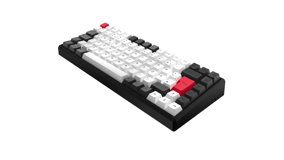 ANVIL NATIVE 75 in Plague Black mit Standard-Keycaps, schräg von vorne
