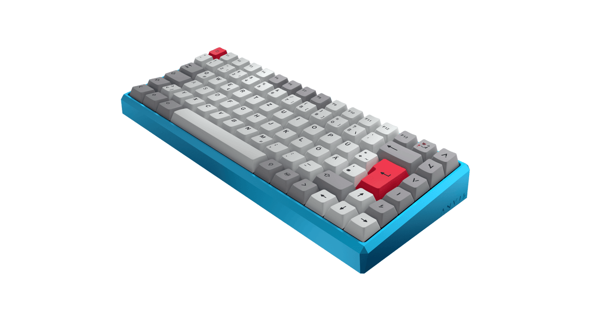 ANVIL NATIVE 75 in Glacial Blue mit Throwback-Keycaps, schräg von vorne