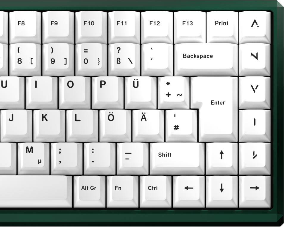 Ausschnitt der NATIVE 75 in Grün mit weißen Keycaps im ISO-DE-Layout