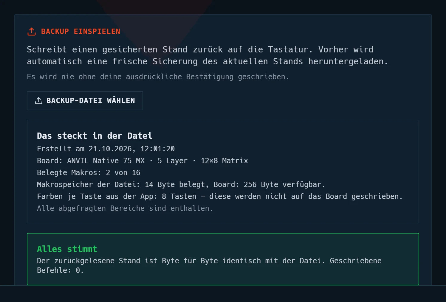 Ergebnis „Alles stimmt – der zurückgelesene Stand ist Byte für Byte identisch mit der Datei“