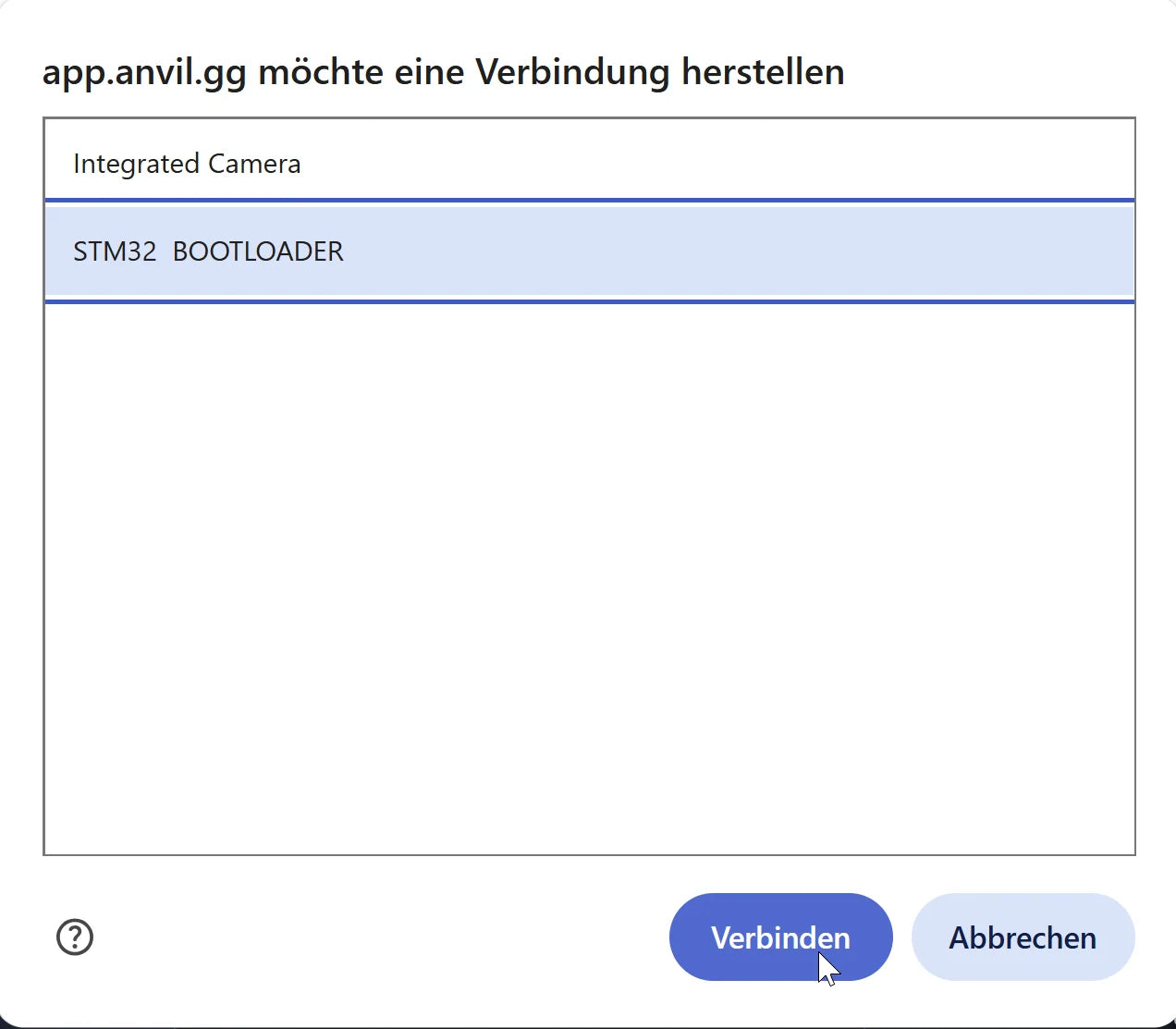 Chrome-Dialog „app.anvil.gg möchte eine Verbindung herstellen“ mit dem markierten Eintrag „STM32 BOOTLOADER“