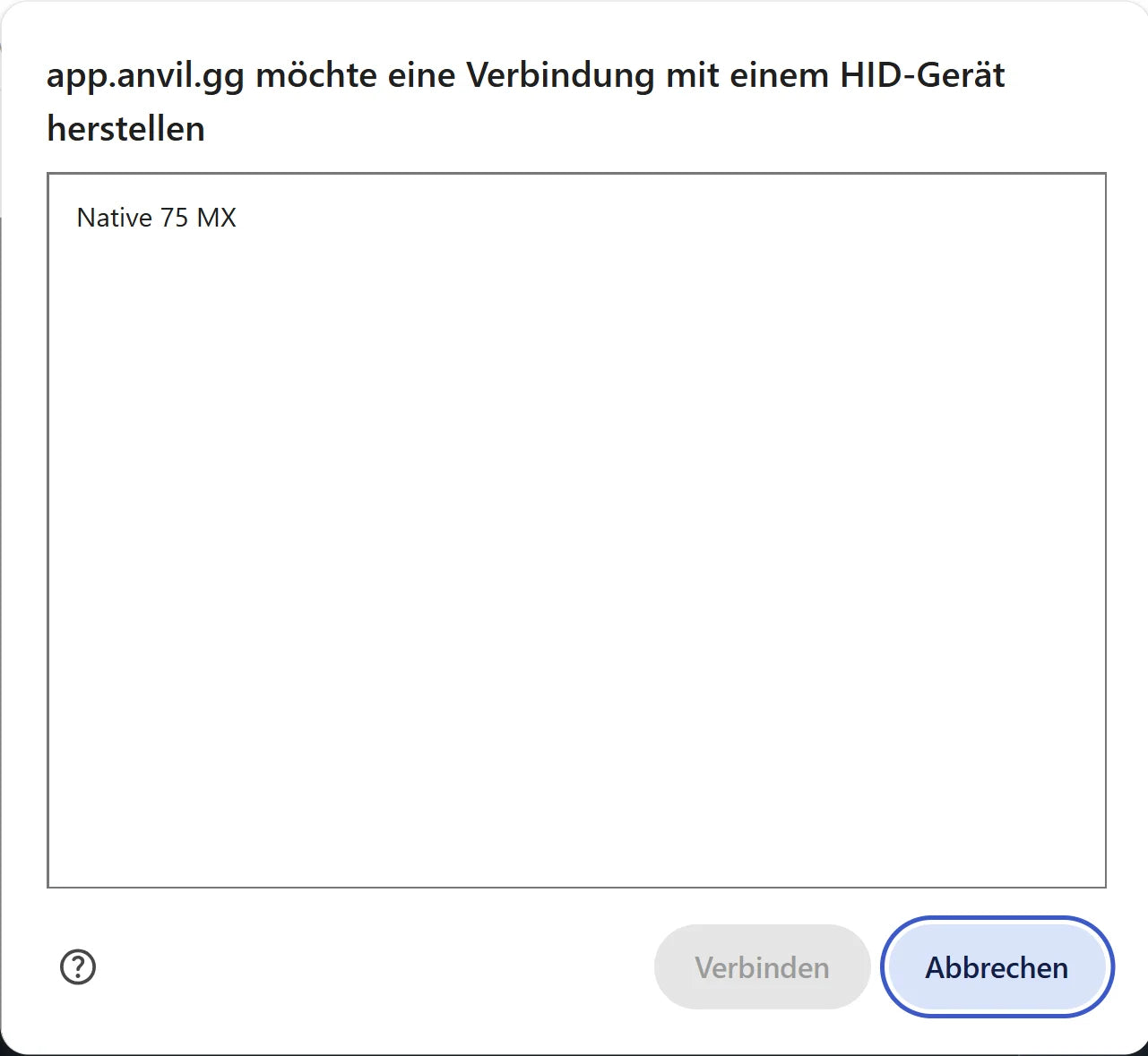 Chrome-Dialog „app.anvil.gg möchte eine Verbindung mit einem HID-Gerät herstellen“ mit dem Eintrag „Native 75 MX“