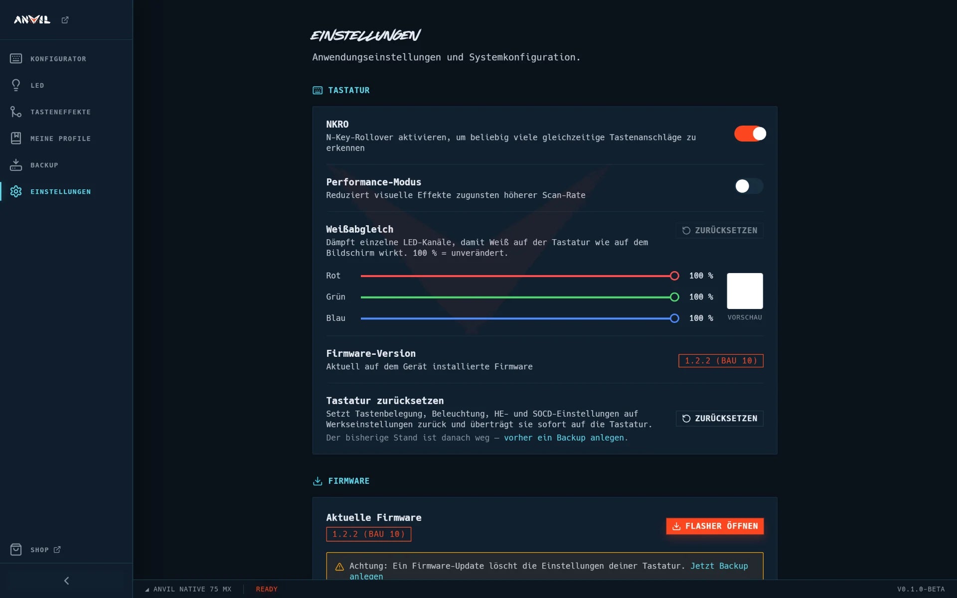 Einstellungen mit NKRO, Performance-Modus, Weißabgleich, Firmware-Version und „Tastatur zurücksetzen“