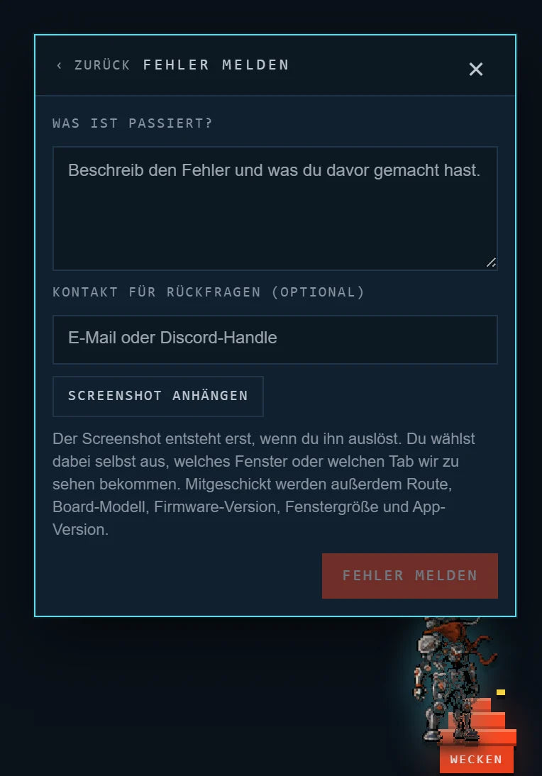 Bot-Fenster „Fehler melden“ mit Beschreibungsfeld, optionalem Kontaktfeld und „Screenshot anhängen“
