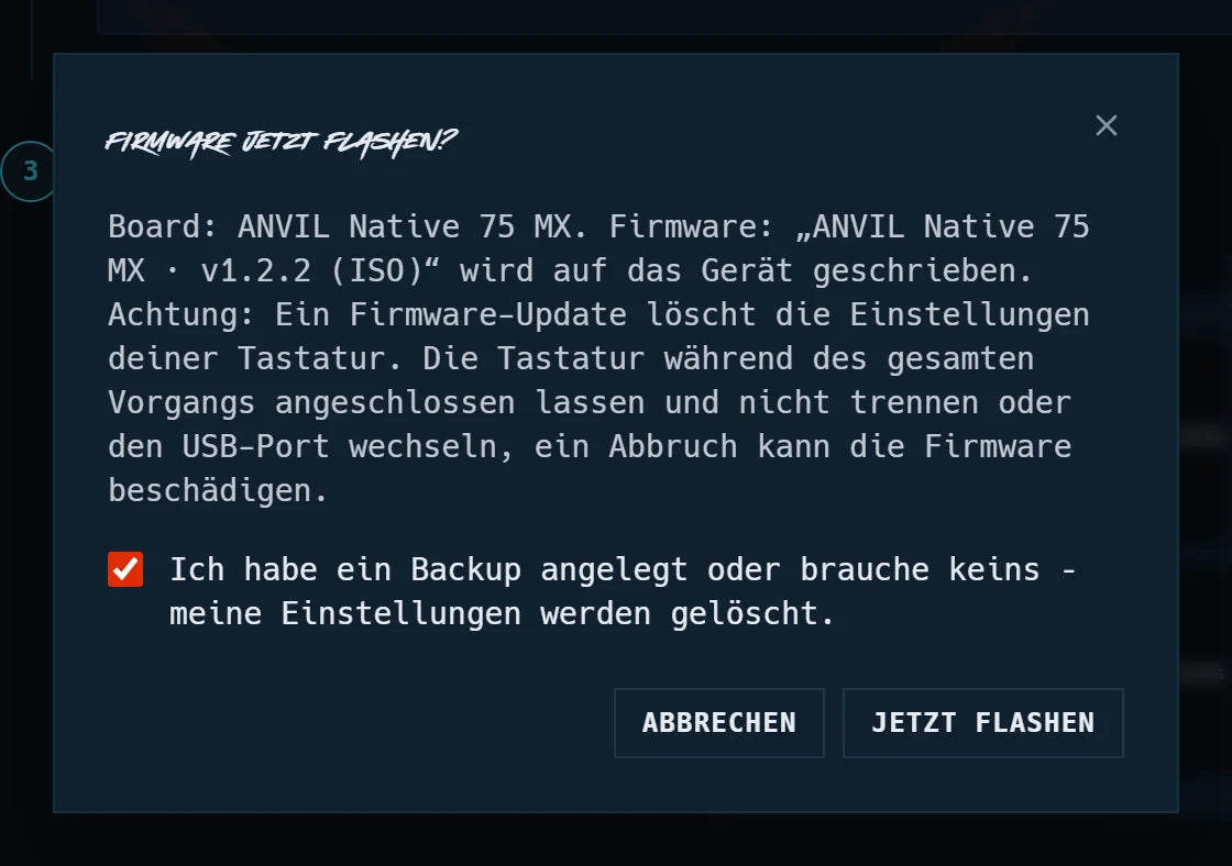 Dialog „Firmware jetzt flashen?“ mit gesetztem Häkchen und den Knöpfen „Abbrechen“ und „Jetzt flashen“