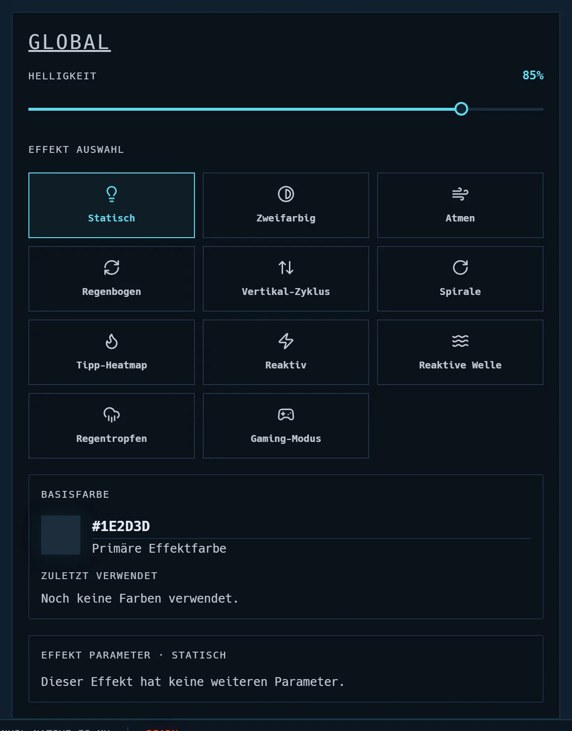 Bereich GLOBAL mit Helligkeit, den elf Effekten und der Basisfarbe