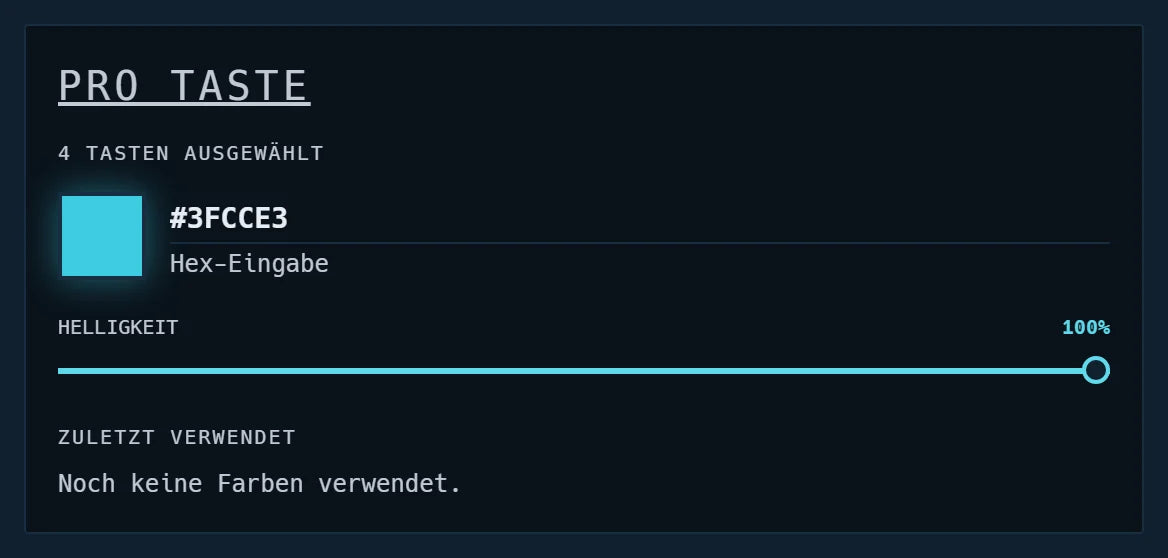 Bereich PRO TASTE mit „4 Tasten ausgewählt“, Farbfeld, Hex-Eingabe #3FCCE3 und Helligkeitsregler