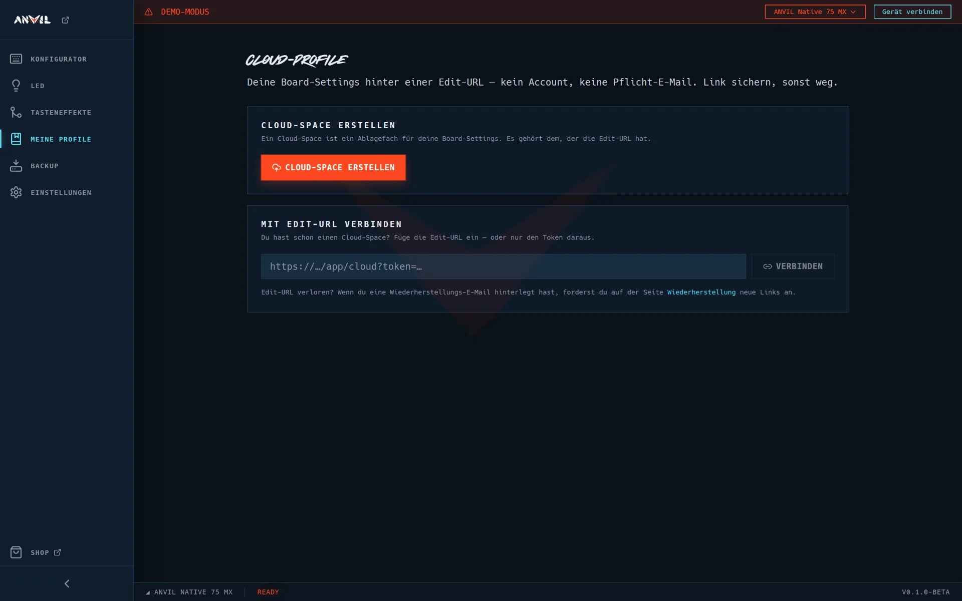 Seite Cloud-Profile mit „Cloud-Space erstellen“ und „Mit Edit-URL verbinden“