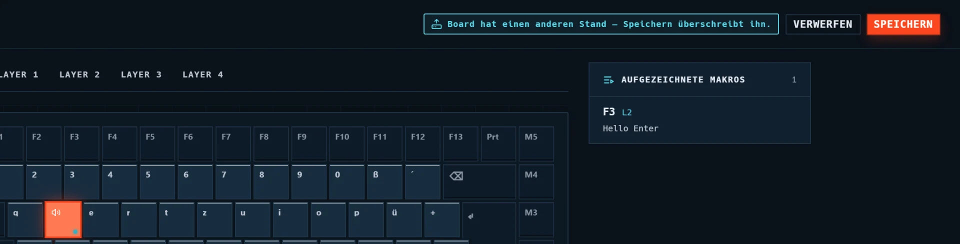 Leiste oben rechts mit dem Hinweis „Board hat einen anderen Stand – Speichern überschreibt ihn“ sowie VERWERFEN und SPEICHERN
