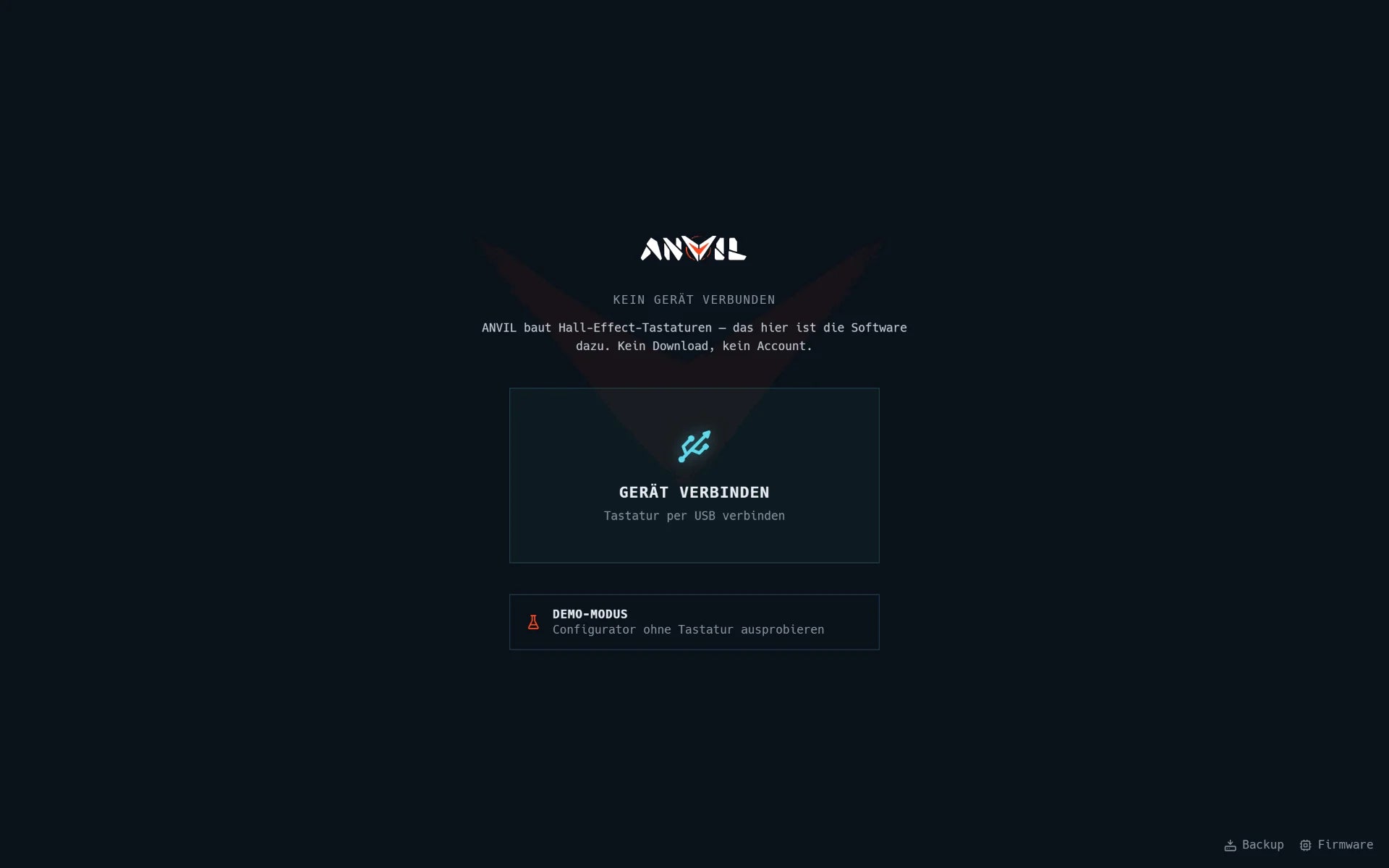Startseite von ANVIL Forge mit „Kein Gerät verbunden“, dem Knopf „Gerät verbinden“ und dem Demo-Modus