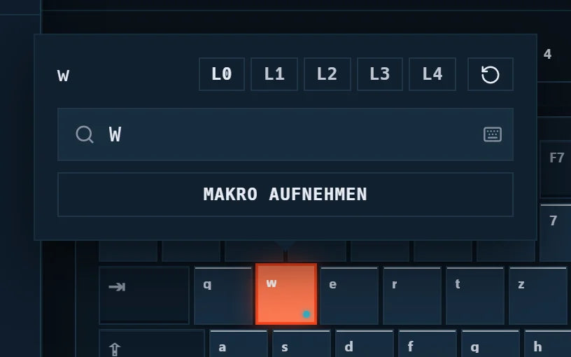 Fenster zur Taste W mit den Layer-Knöpfen L0 bis L4, Zurücksetzen-Pfeil, Suchfeld und „Makro aufnehmen“