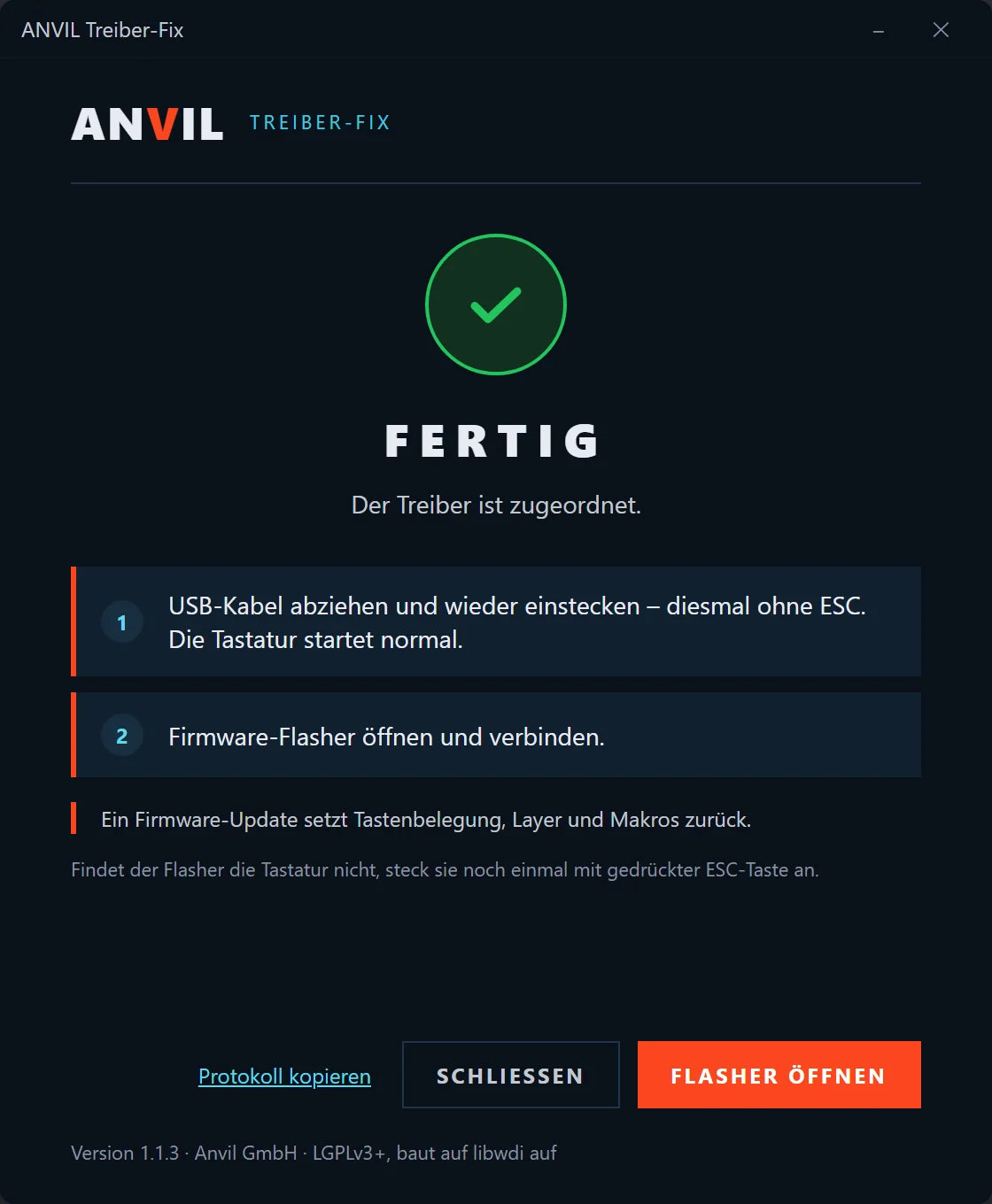ANVIL Treiber-Fix meldet „Fertig“ mit dem Knopf „Flasher öffnen“