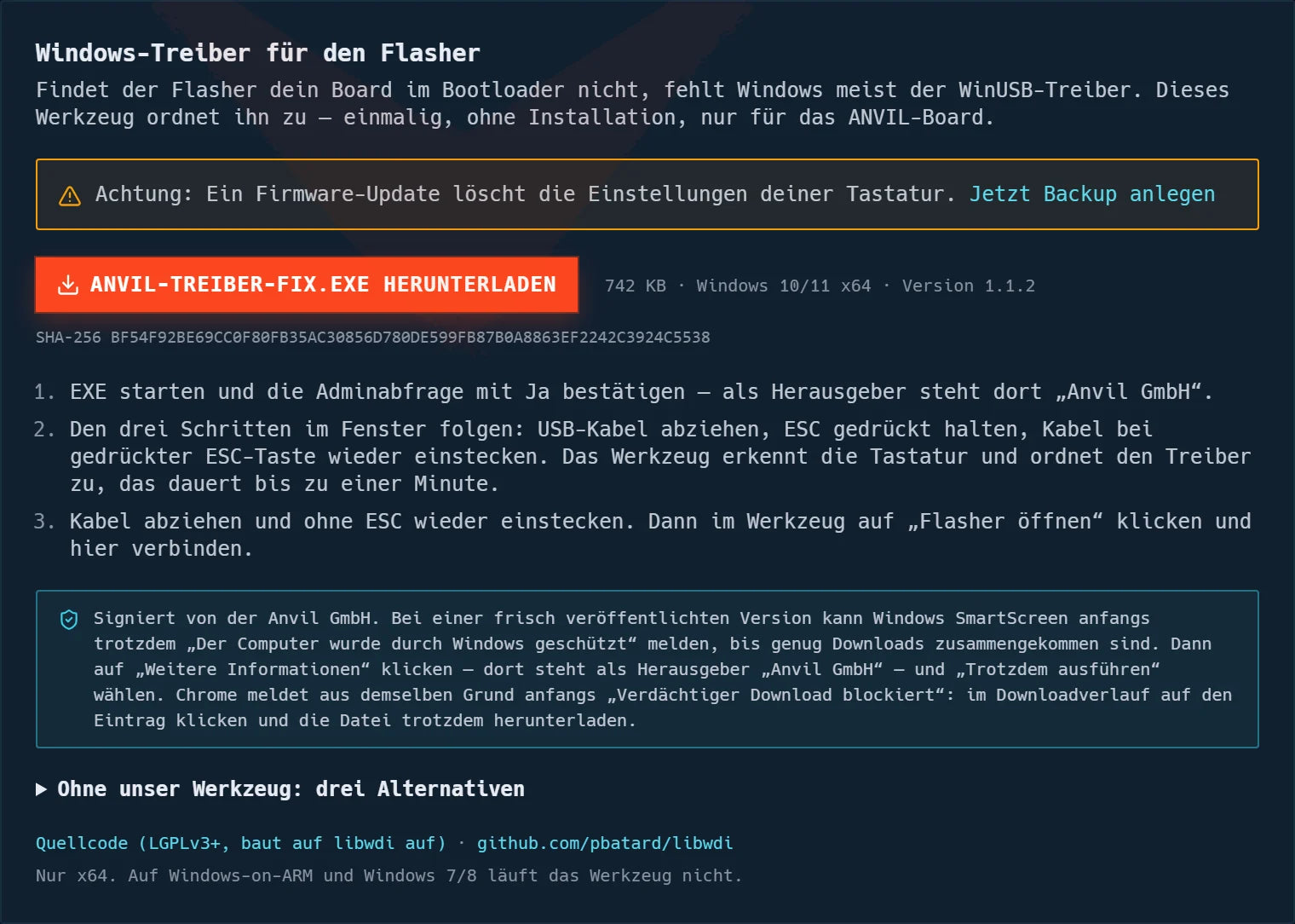 Karte „Windows-Treiber für den Flasher“ mit dem Knopf „ANVIL-Treiber-Fix.exe herunterladen“ und der Kurzanleitung